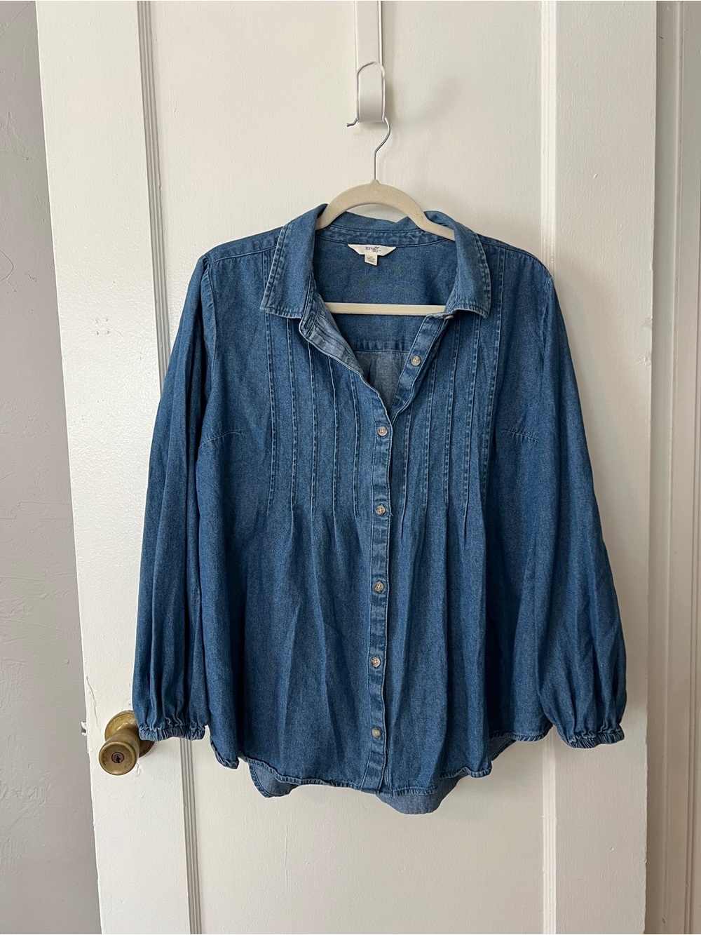 Terra & Sky Blue Denim Button-Front Peasant Shirt